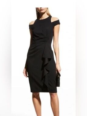 Tadashi Shoji Black Cold Shoulder Draped Midi Sheath Dress